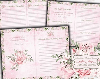 Pink Floral Gratitude Journal - Self Care Mental Health Journal - Digital Affirmation Self Love Journal - Free Physical Commercial Use