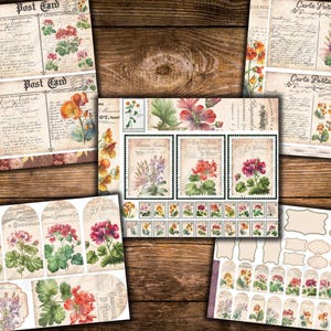 Puede incluir: Un paquete de papel digital con dise&ntilde;os florales vintage. El paquete incluye im&aacute;genes de flores, postales y etiquetas. Las flores son en tonos de rosa, rojo y amarillo. Las postales tienen un aspecto desgastado y presentan texto escrito a mano. Las etiquetas est&aacute;n en blanco y se pueden usar para una variedad de prop&oacute;sitos.