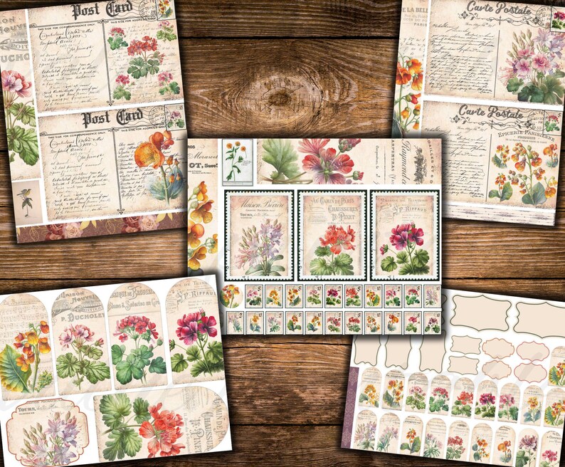 Puede incluir: Un paquete de papel digital con dise&ntilde;os florales vintage. El paquete incluye im&aacute;genes de flores, postales y etiquetas. Las flores son en tonos de rosa, rojo y amarillo. Las postales tienen un aspecto desgastado y presentan texto escrito a mano. Las etiquetas est&aacute;n en blanco y se pueden usar para una variedad de prop&oacute;sitos.