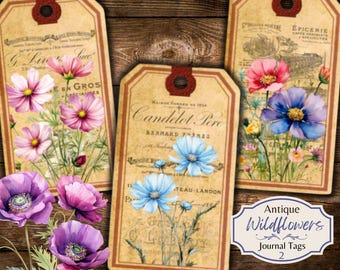 Antique Wildflower Journal Tags: Printable Ephemera Set (JPG Digital Download)