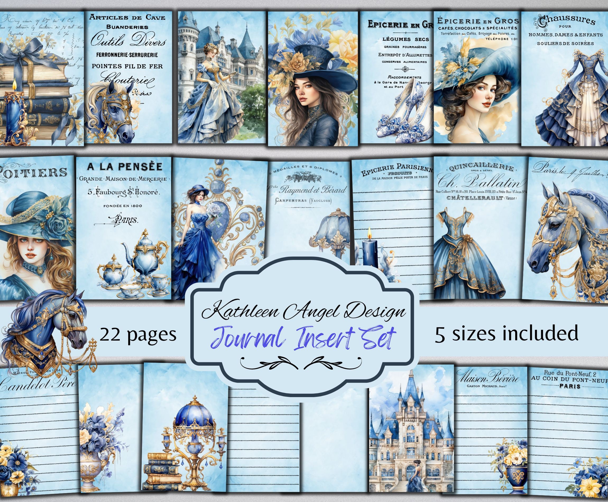 Blue & Gold Victorian Junk Journal Kit: Printable Ephemera (digital ...