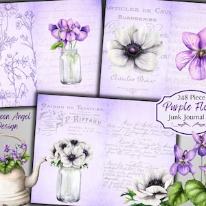 Paarse Floral Junk Journal Kit - Violette afdrukbare pagina's - Anemone Ephemera - ATC-kaarten - Digitale download - JPG - Gratis fysiek commercieel gebruik