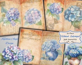 Op de afbeelding: Een 92-delige junk journal kit met vintage-achtige afbeeldingen van blauwe en paarse hortensia's. De kit bevat afbeeldingen in verschillende maten en stijlen, perfect om een vleugje bloemige charme aan je journal toe te voegen.