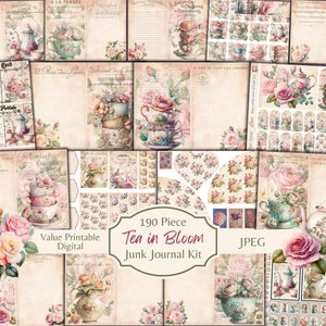 Kit de journal indésirable de 190 pièces pour théière florale shabby chic Journal de thé Pages imprimables fleurs éphémères téléchargement numérique fichiers JPEG image 1