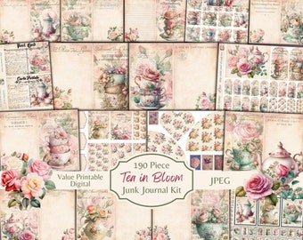 Kit de diario basura de tetera floral Shabby Chic de 190 piezas - Diario de té - Páginas imprimibles - Efímera floral - Descarga digital - Archivos JPEG