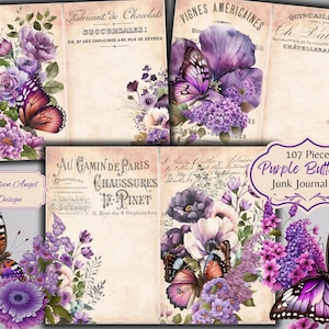 Purple Butterfly Junk Journal Kit - Ephemera - Digitale download - Botanische Versieringen - ATC- JPG - Gratis commercieel gebruik