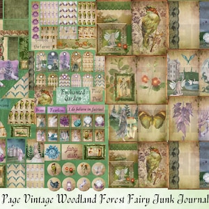 May include: A digital collage kit featuring 211 pages of vintage woodland forest fairy themed images. The kit includes images of fairies, birds, butterflies, flowers, and other whimsical elements. The text "Enchanted Garden" and "Pixie Dust" are featured in the collage.