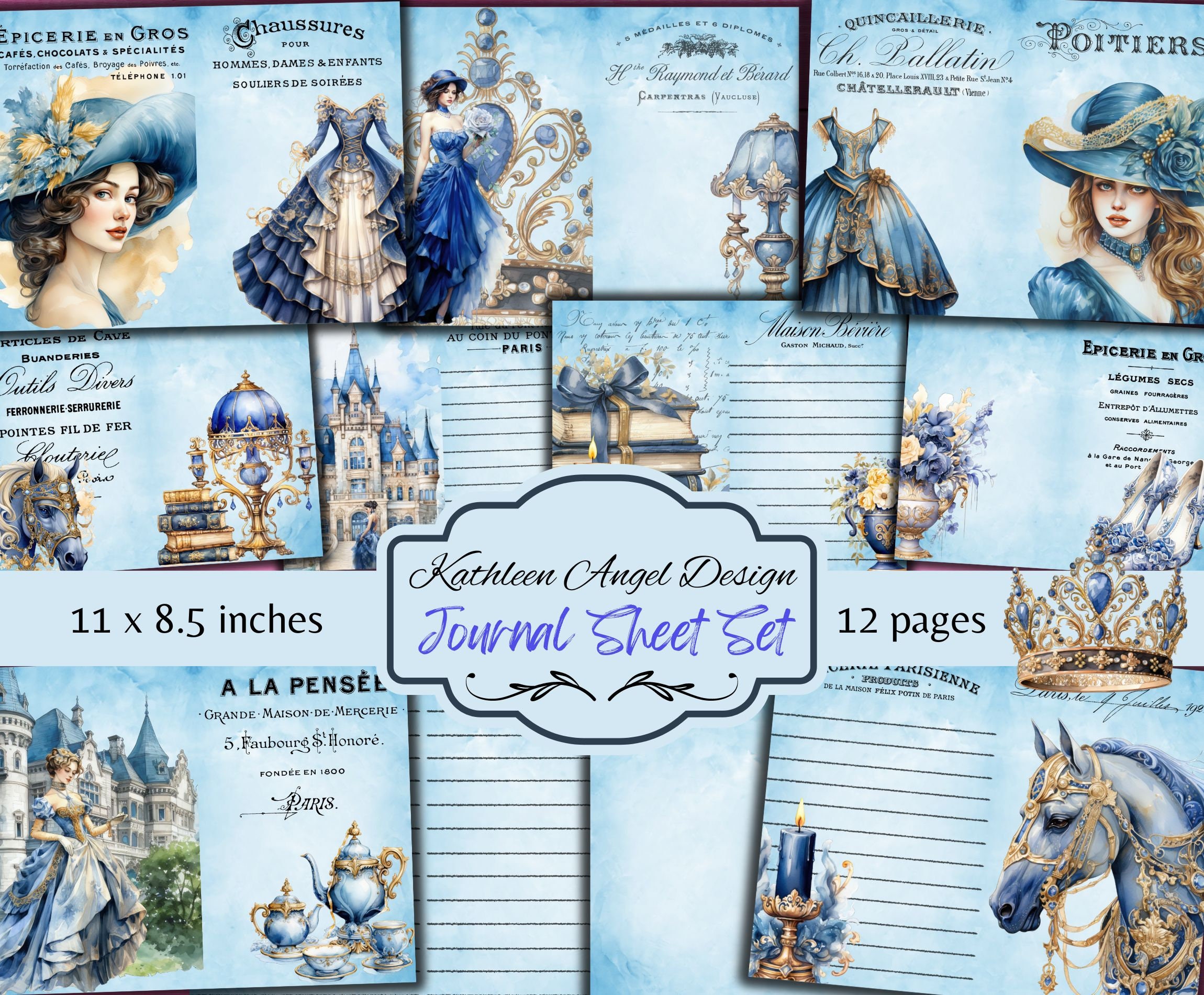 Blue & Gold Victorian Junk Journal Kit: Printable Ephemera (digital ...
