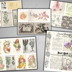 Puede incluir: Una hoja de collage digital con im&aacute;genes vintage de flores, plantas y personas. La hoja incluye una postal con el texto "Carte Postale" y "Post Card".