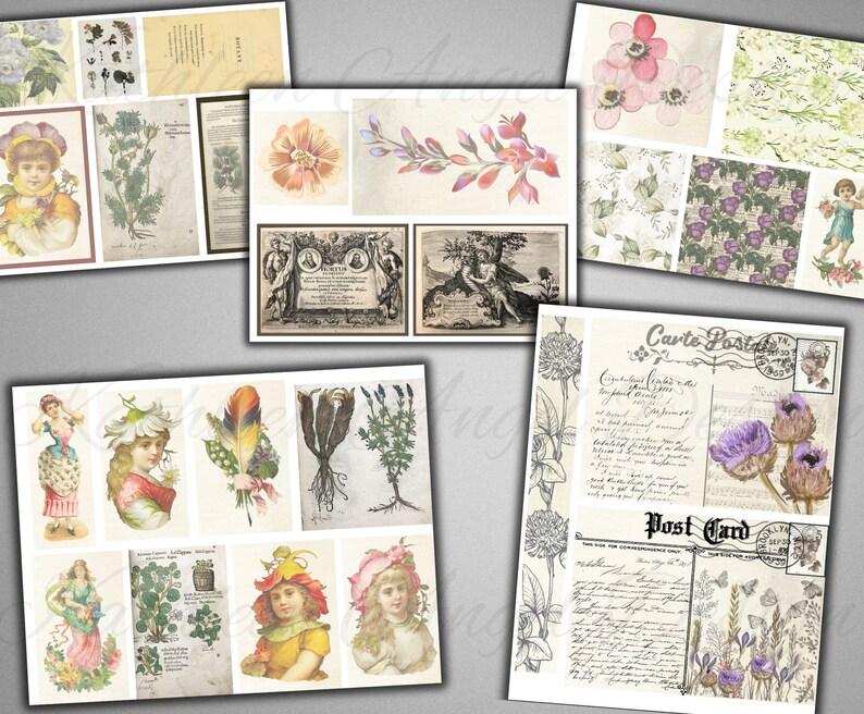 Puede incluir: Una hoja de collage digital con im&aacute;genes vintage de flores, plantas y personas. La hoja incluye una postal con el texto "Carte Postale" y "Post Card".