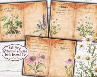 Może przedstawiać: Zestaw 138 cyfrowych, drukowanych obrazów botanicznych kwiatów do junk journaling. Obrazy przedstawiają ilustracje w stylu vintage kwiatów i roślin, w tym stokrotek, jeżówek i lawendy. Obrazy idealnie nadają się do dodania odrobiny vintage'owego uroku do twoich dzienników i innych prac papierowych.