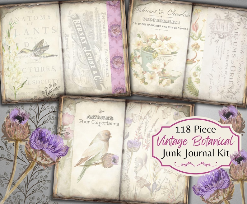 Puede incluir: Un kit de collage digital con 118 piezas con ilustraciones bot&aacute;nicas vintage, incluyendo flores, p&aacute;jaros y texto. El kit est&aacute; dise&ntilde;ado para su uso en diarios de chatarra y otras manualidades de papel.