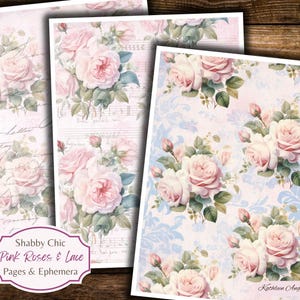 Shabby chique bloemen roze rozen en kant ongewenste dagboekpagina's - afdrukbare papieren - digitale download - jpeg-bestanden - gratis commercieel gebruik