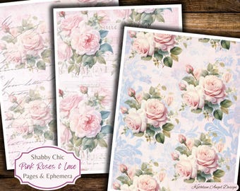 Shabby Chic Pink Roses Junk Journal Pages (Digital Download)