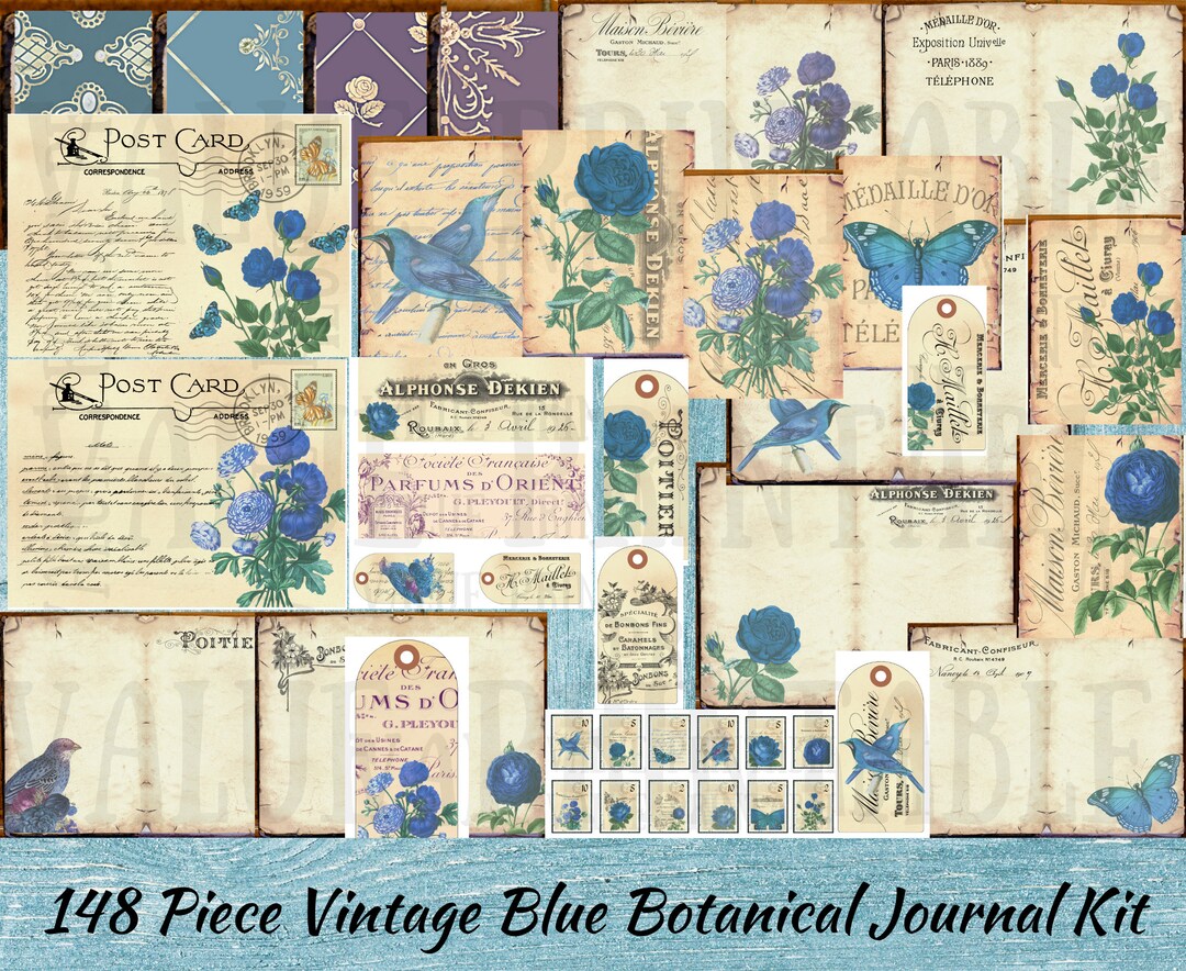 Vintage Blue Botanical Junk Journal Kit: Ephemera Embellishments ...