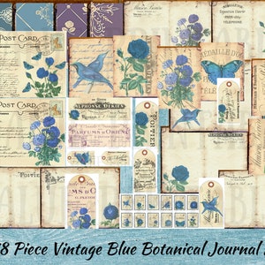Vintage blauwe botanische junk Journal Kit - afdrukbaar - kortstondig - digitale download - versieringen - pdf - gratis fysiek commercieel gebruik