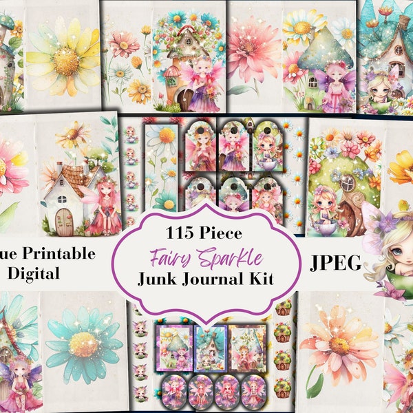 115 Piece Fairy Sparkle Junk Journal Kit - Printable Pages - Fairies Ephemera - Fantasy Digital Download - Embellishments - JPEG File
