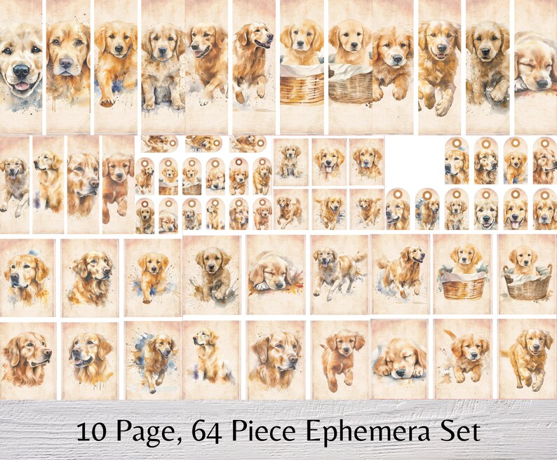 Pu&ograve; includere: Un set di 64 immagini digitali stampabili con illustrazioni ad acquerello di cuccioli golden retriever in varie pose. Il set include 10 pagine di immagini, perfette per lo scrapbooking, la creazione di biglietti e altri progetti di artigianato.