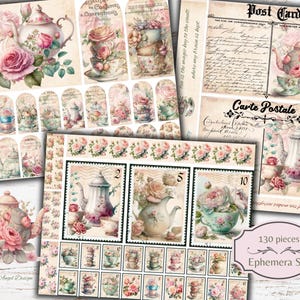 May include: A digital collage sheet with 130 pieces of vintage-style teacup and teapot illustrations. The sheet features a pink and white color scheme with floral accents. The text "Carte Postale" is visible on the sheet.