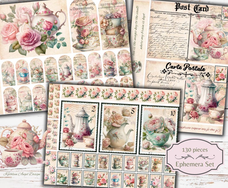 May include: A digital collage sheet with 130 pieces of vintage-style teacup and teapot illustrations. The sheet features a pink and white color scheme with floral accents. The text "Carte Postale" is visible on the sheet.
