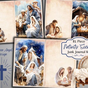 Kerststal Christmas Junk Journal Kit - christelijk afdrukbaar - religieuze ephemera - digitaal - ATC - JPG - gratis fysiek commercieel gebruik