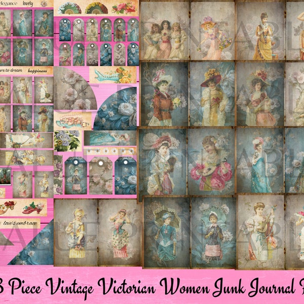 88 Piece Vintage Victorian Women Junk Journal Kit - Printable Papers -Ephemera - Digital Download - Embellishments - ATC Cards - PDF