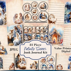 81 Piece Nativity Scene Christmas Junk Journal Kit Christian Printable Religious Ephemera Digital Download ATC Card JPEG image 1