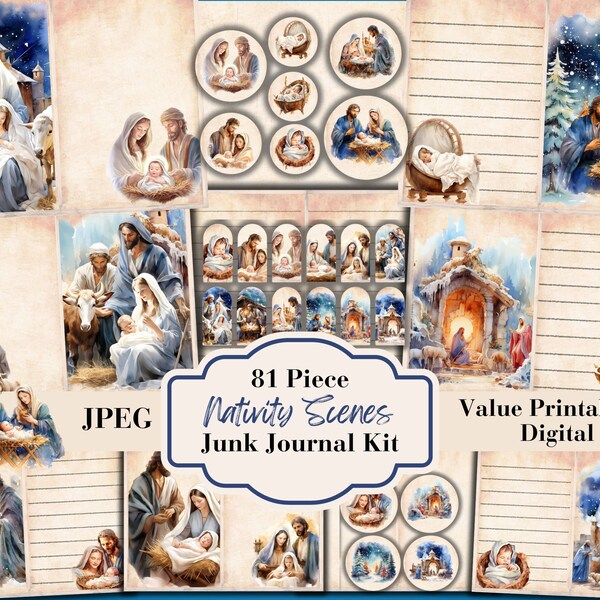 81 Piece Nativity Scene Christmas Junk Journal Kit - Christian Printable - Religious Ephemera - Digital Download - ATC Card - JPEG