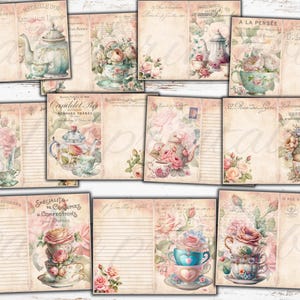 May include: A digital collage sheet with 10 printable pages featuring vintage teacups, teapots, and floral designs. The pages are perfect for scrapbooking, card making, and other paper crafts.
