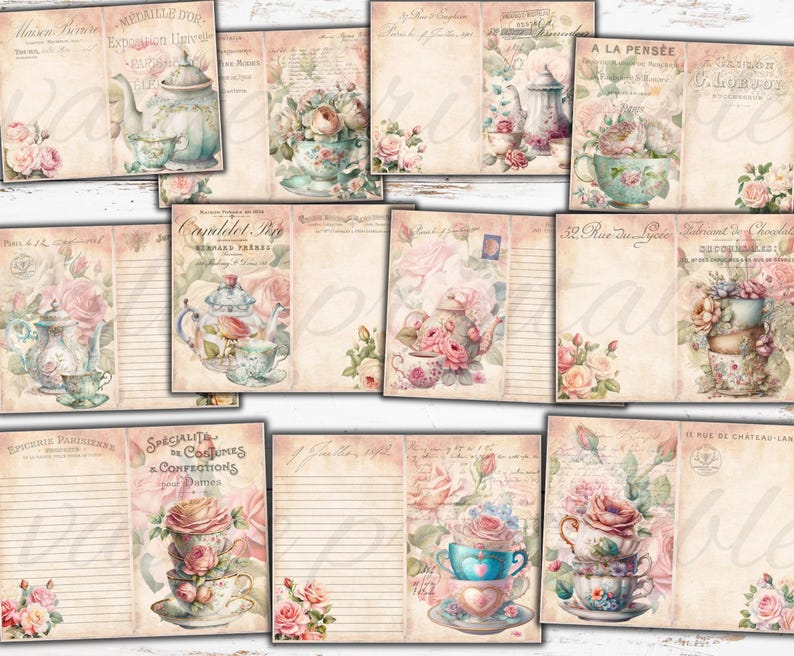 May include: A digital collage sheet with 10 printable pages featuring vintage teacups, teapots, and floral designs. The pages are perfect for scrapbooking, card making, and other paper crafts.