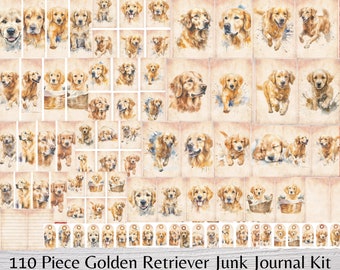 May include: A 110 piece junk journal kit featuring watercolor illustrations of golden retrievers in various poses. The kit includes tags, stickers, and other embellishments.