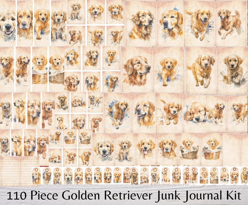 Pu&ograve; includere: Un kit per diario di recupero di 110 pezzi con illustrazioni ad acquerello di golden retriever in varie pose. Il kit include etichette, adesivi e altri abbellimenti.