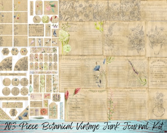 203 Teiliges Vintage Junk Journal Kit - Druckbare Seiten - Botanik Ephemera - Digitaler Download - Verzierungen - ATC Karten - PDF Dateien