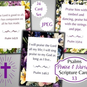 Louvor e Adoração Série Salmos 13 Cartões de Versículos Bíblicos com Borda Floral - Ephemera Cristã - Para Imprimir - Uso Comercial Físico Gratuito
