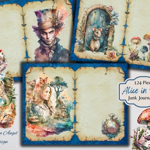 Alice in Blue - Alice in Wonderland Junk Journal Kit - Afdrukbare pagina's - Ephemera - Digitaal - JPG - Gratis fysiek commercieel gebruik
