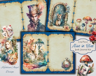 Kit diario di Alice nel Paese delle Meraviglie: effimeri blu, pagine stampabili (download digitale)