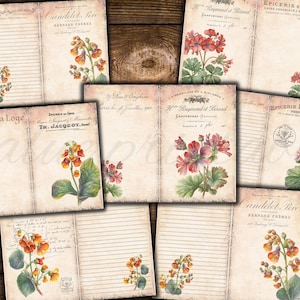 Puede incluir: Un conjunto de p&aacute;ginas de diario imprimibles con ilustraciones florales vintage. Las p&aacute;ginas incluyen papel rayado, p&aacute;ginas en blanco y p&aacute;ginas con texto de antiguas tiendas francesas. Las flores son en tonos de rosa, rojo y naranja.
