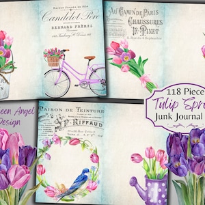 Tulpen Floral Spring Junk Journal Kit - Afdrukbare pagina's - Botanische Ephemera - Digitaal - Versieringen - JPG - Gratis fysiek commercieel gebruik