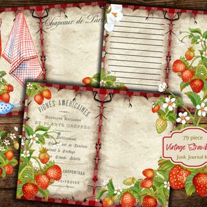 Kit de diario basura con motivos botánicos vintage y fresas - Efímera - Descarga digital - ATC - JPG - Uso comercial físico gratuito