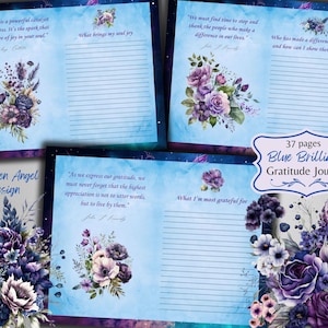 May include: A blue and purple gratitude journal with a floral design and the text "37 pages Blue Brilliance Gratitude Journal".