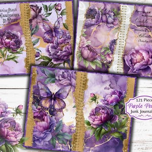 Paarse pioenrozen Junk Journal Kit - Butterfly Ephemera - afdrukbaar - Dragonfly Botanical - ATC - JPG - gratis fysiek commercieel gebruik
