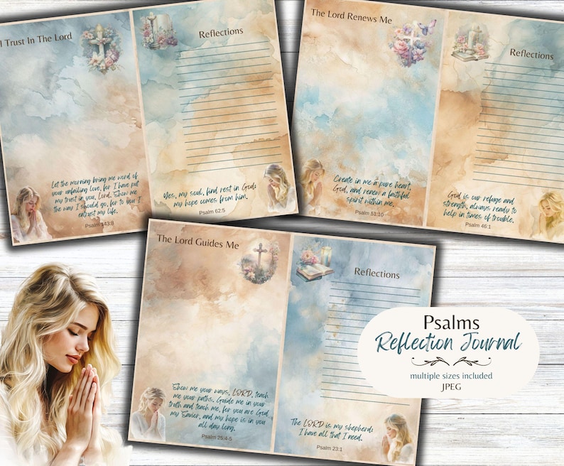 Peut inclure: Un t&eacute;l&eacute;chargement num&eacute;rique imprimable d'un journal de r&eacute;flexion sur les Psaumes. Le journal pr&eacute;sente des arri&egrave;re-plans aquarelle avec des citations inspirantes et des versets de la Bible. Le journal est con&ccedil;u pour vous aider &agrave; r&eacute;fl&eacute;chir &agrave; votre foi et &agrave; vous rapprocher de Dieu.