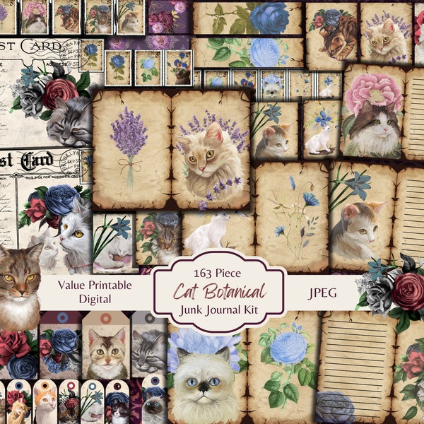 163 Piece Cat Botanical Junk Journal Kit - Printable Pages - Feline Floral Ephemera - Digital Download - Embellishments - PDF File