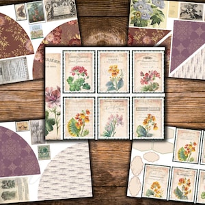 Puede incluir: Un conjunto de ilustraciones bot&aacute;nicas vintage que representan diversas flores y plantas. Las ilustraciones est&aacute;n impresas en papel con un fondo texturizado y tienen un aspecto descolorido y antiguo. Las ilustraciones est&aacute;n dispuestas en una cuadr&iacute;cula y son perfectas para scrapbooking, creaci&oacute;n de tarjetas u otros proyectos de manualidades.