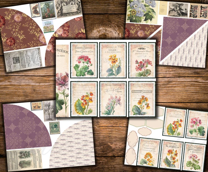 Puede incluir: Un conjunto de ilustraciones bot&aacute;nicas vintage que representan diversas flores y plantas. Las ilustraciones est&aacute;n impresas en papel con un fondo texturizado y tienen un aspecto descolorido y antiguo. Las ilustraciones est&aacute;n dispuestas en una cuadr&iacute;cula y son perfectas para scrapbooking, creaci&oacute;n de tarjetas u otros proyectos de manualidades.
