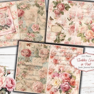 Vintage Shabby Chic in Pink Junk Journal Kit - Antique Journal - Afdrukbaar - Efemere bloemen - JPG - Gratis fysiek commercieel gebruik