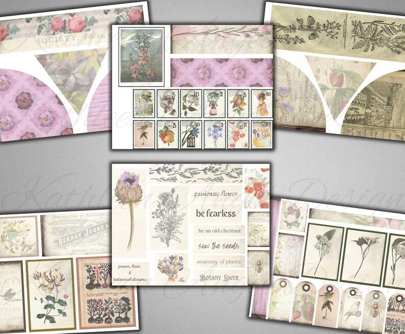 Puede incluir: Una hoja de collage digital con ilustraciones bot&aacute;nicas, patrones florales y texto que dice "passionate flower, be fearless, be an old chestnut, sow the seeds, anatomy of plants, BOTANY LOVER".