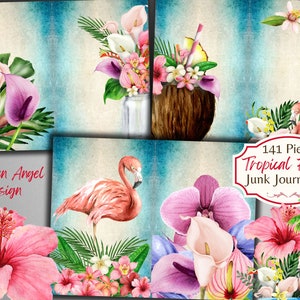 Tropische bloemen Hawaiian Junk Journal Kit - afdrukbare pagina's - Hawaï Ephemera - plakboek - digitaal - JPG - gratis fysiek commercieel gebruik