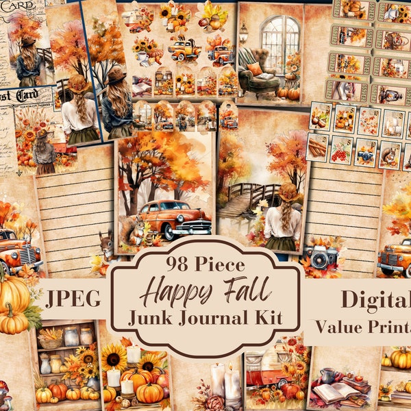 98 Piece Happy Fall Thanksgiving Junk Journal Kit - Autumn Printable Pages - Ephemera - ATC - Digital Download - Embellishment - JPEG File