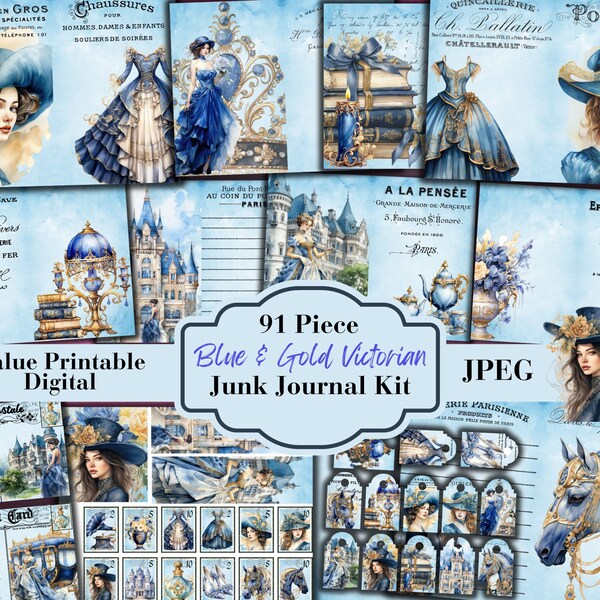 91 Piece Blue and Gold Victorian Junk Journal Kit - Blue Printable Papers -Ephemera - Digital Download - Embellishments - ATC Cards - JPEG